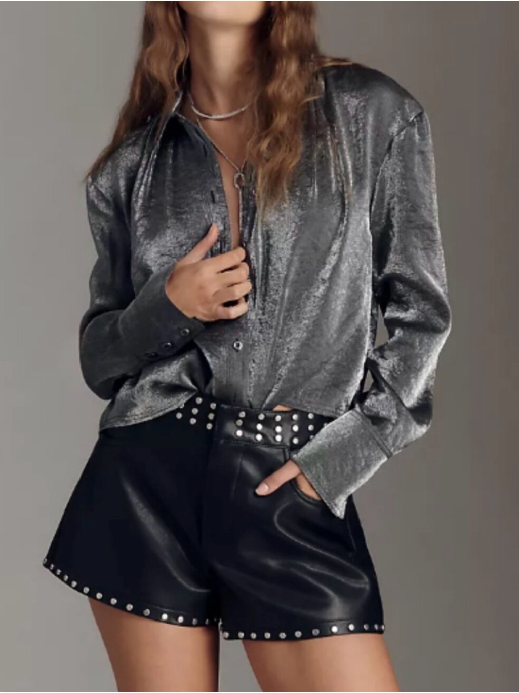 Pilcro Metallic Charcoal Button-Front Shirt